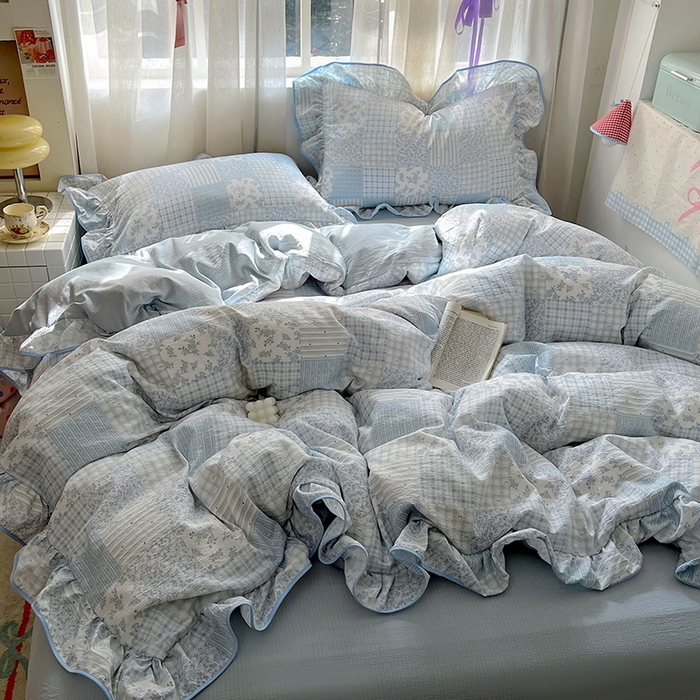 91家纺网 家纺一手货源 找家纺 春光里 2025新款亲肤舒适云感双层纱花边四件套 风格二（提供买家秀） 百福蓝