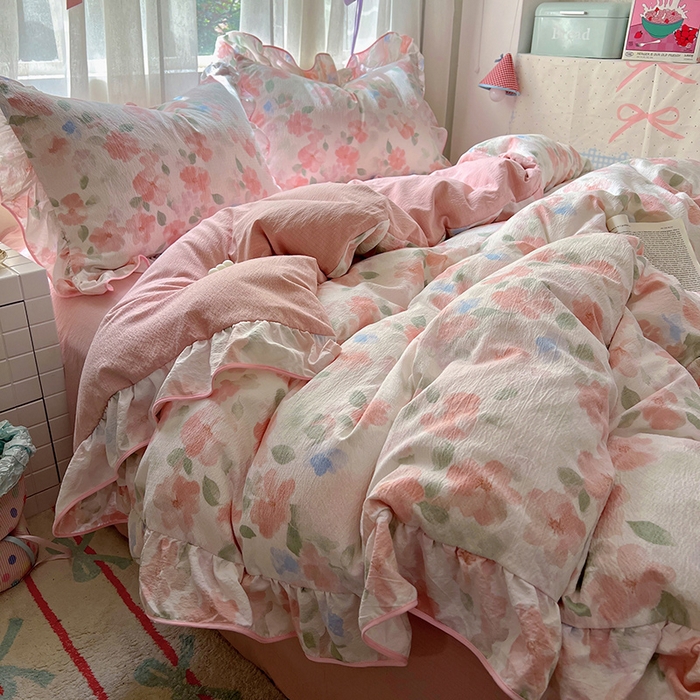 91家纺网 家纺一手货源 找家纺 春光里 2025新款亲肤舒适云感双层纱花边四件套 风格二（提供买家秀） 旧梦蔷薇