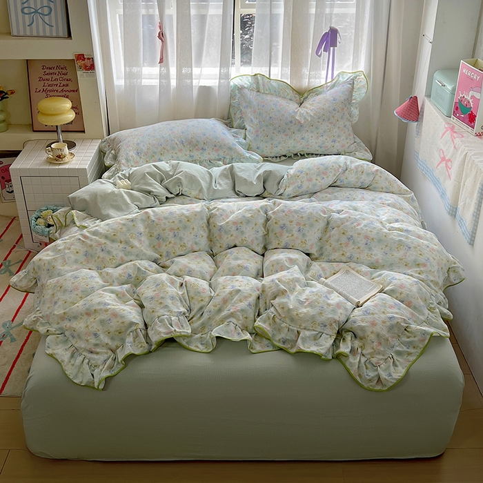 91家纺网 家纺一手货源 找家纺 春光里 2025新款亲肤舒适云感双层纱花边四件套 风格二（提供买家秀） 绿野