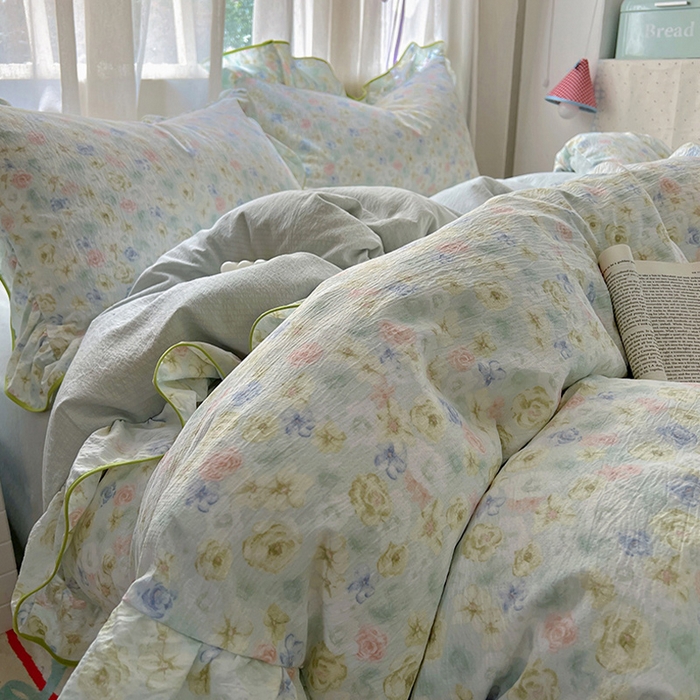 91家纺网 家纺一手货源 找家纺 春光里 2025新款亲肤舒适云感双层纱花边四件套 风格二（提供买家秀） 绿野