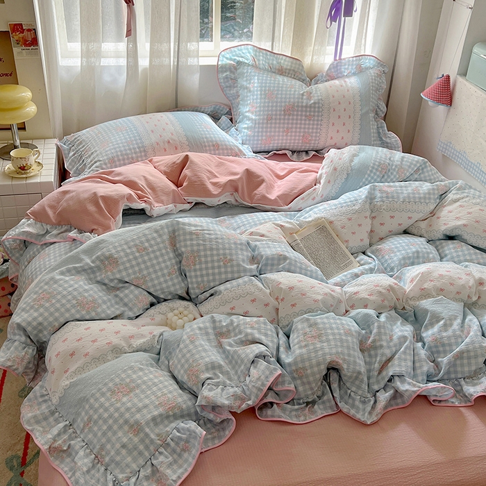 91家纺网 家纺一手货源 找家纺 春光里 2025新款亲肤舒适云感双层纱花边四件套 风格二（提供买家秀） 梦境织格