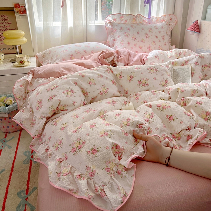 91家纺网 家纺一手货源 找家纺 春光里 2025新款亲肤舒适云感双层纱花边四件套 风格二（提供买家秀） 夭夭