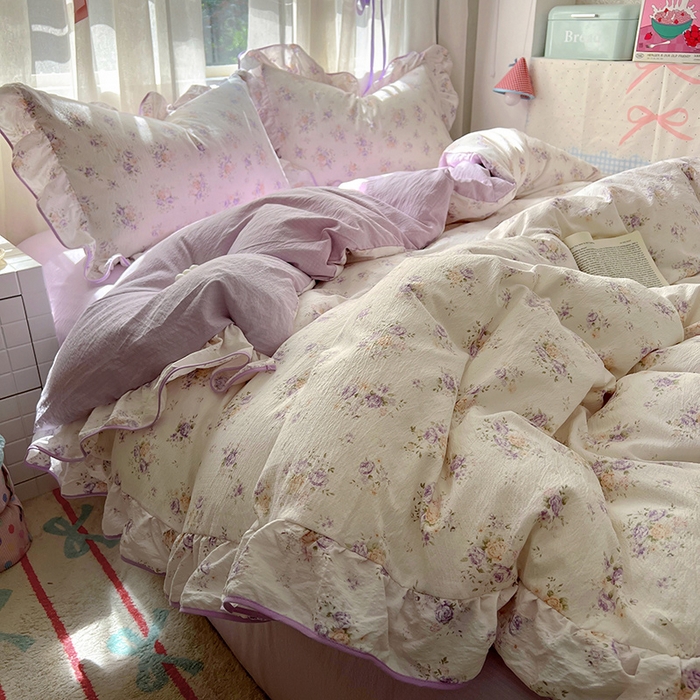 91家纺网 家纺一手货源 找家纺 春光里 2025新款亲肤舒适云感双层纱花边四件套 风格二（提供买家秀） 紫风铃