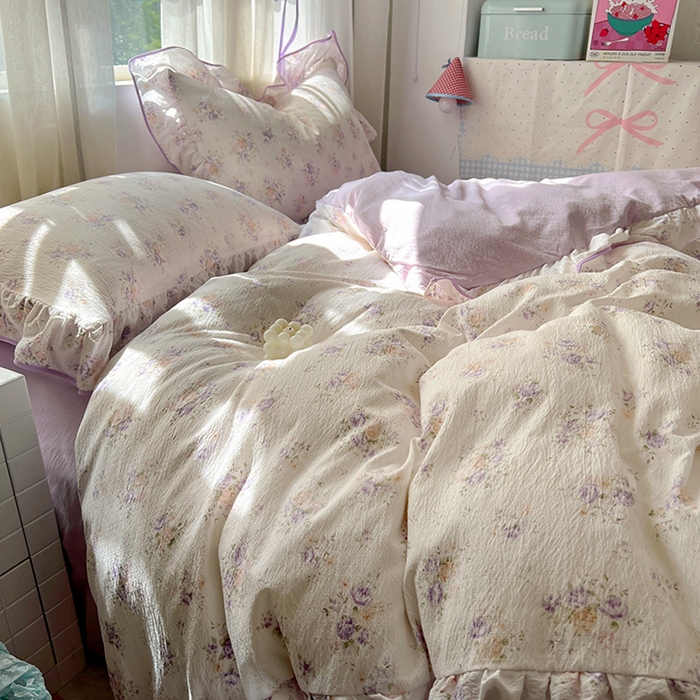 91家纺网 家纺一手货源 找家纺 春光里 2025新款亲肤舒适云感双层纱花边四件套 风格二（提供买家秀） 紫风铃