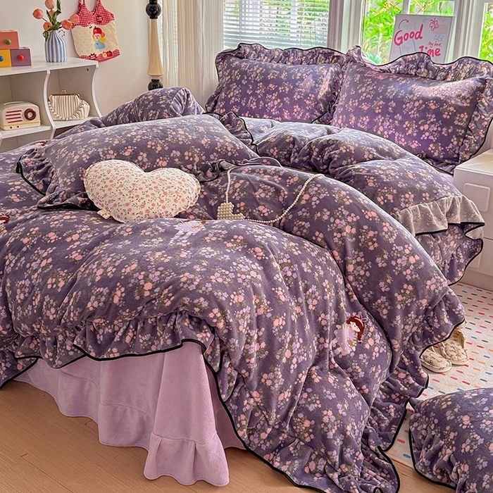 91家纺网 家纺一手货源 找家纺 （总）梦莱斯 2025新款加厚保暖双面牛奶绒四件套-黑色花边款