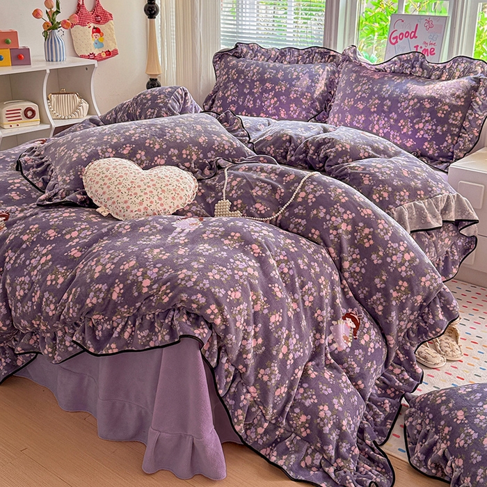 91家纺网 家纺一手货源 找家纺 （总）梦莱斯 2025新款加厚保暖双面牛奶绒四件套-黑色花边款