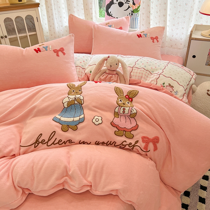 眠博士 2025新款牛奶绒毛巾绣四件套 牛奶绒毛巾绣-兔兔