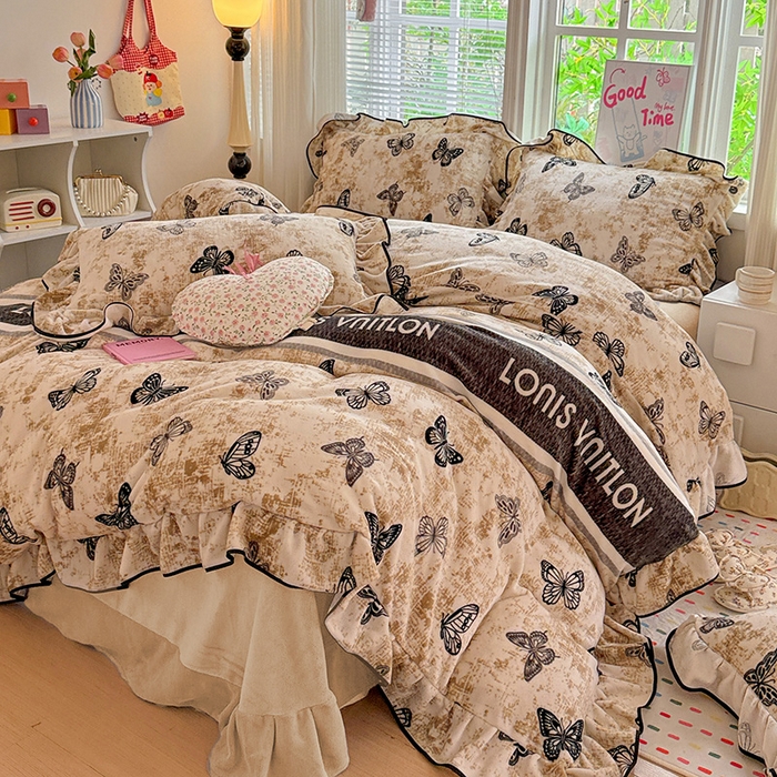 91家纺网 家纺一手货源 找家纺 （总）梦莱斯 2025新款加厚保暖双面牛奶绒四件套-黑色花边款