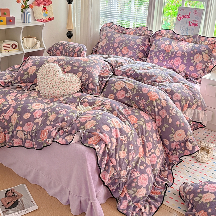 91家纺网 家纺一手货源 找家纺 （总）梦莱斯 2025新款加厚保暖双面牛奶绒四件套-黑色花边款