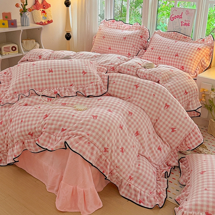 91家纺网 家纺一手货源 找家纺 （总）梦莱斯 2025新款加厚保暖双面牛奶绒四件套-黑色花边款