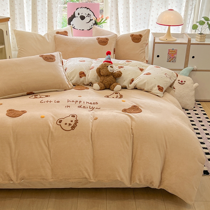 91家纺网 家纺一手货源 找家纺 眠博士 2025新款牛奶绒毛巾绣四件套 牛奶绒毛巾绣-熊熊