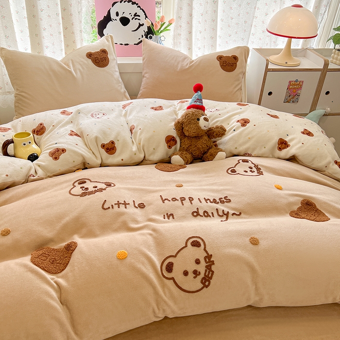 91家纺网 家纺一手货源 找家纺 眠博士 2025新款牛奶绒毛巾绣四件套 牛奶绒毛巾绣-熊熊