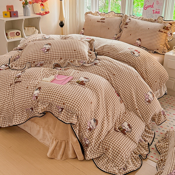 91家纺网 家纺一手货源 找家纺 （总）梦莱斯 2025新款加厚保暖双面牛奶绒四件套-黑色花边款