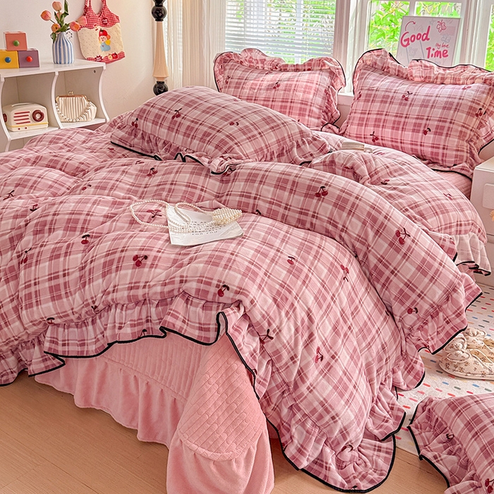 91家纺网 家纺一手货源 找家纺 （总）梦莱斯 2025新款加厚保暖双面牛奶绒四件套-黑色花边款