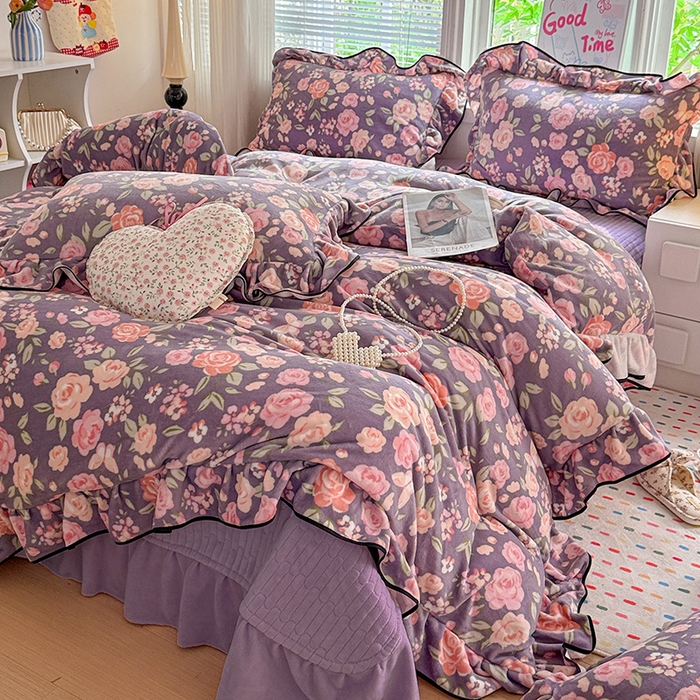 91家纺网 家纺一手货源 找家纺 （总）梦莱斯 2025新款加厚保暖双面牛奶绒四件套-黑色花边款