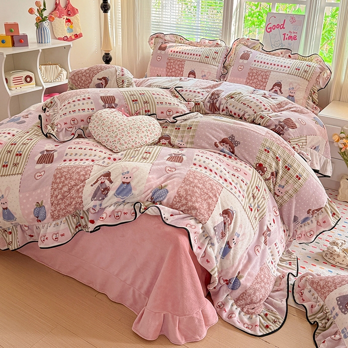 91家纺网 家纺一手货源 找家纺 （总）梦莱斯 2025新款加厚保暖双面牛奶绒四件套-黑色花边款