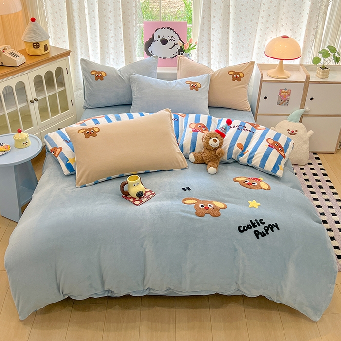 91家纺网 家纺一手货源 找家纺 眠博士 2025新款牛奶绒毛巾绣四件套 牛奶绒毛巾绣-汪汪