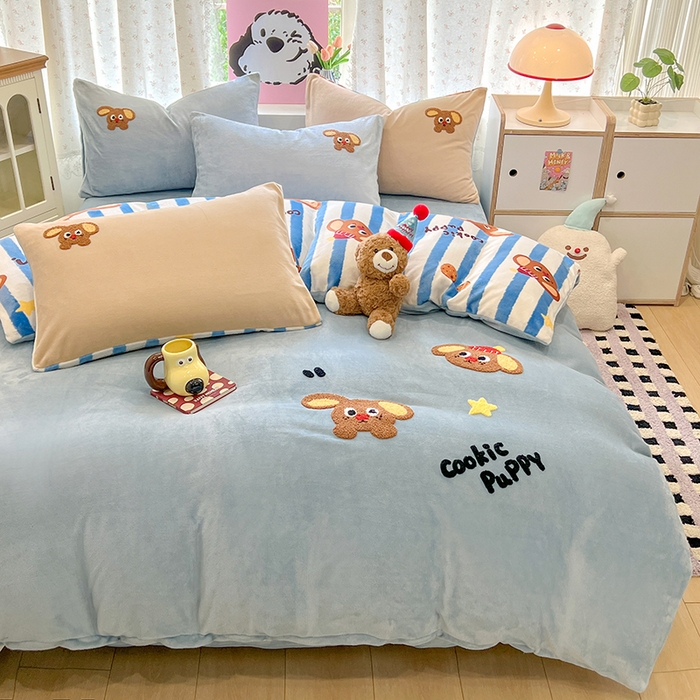 91家纺网 家纺一手货源 找家纺 眠博士 2025新款牛奶绒毛巾绣四件套 牛奶绒毛巾绣-汪汪