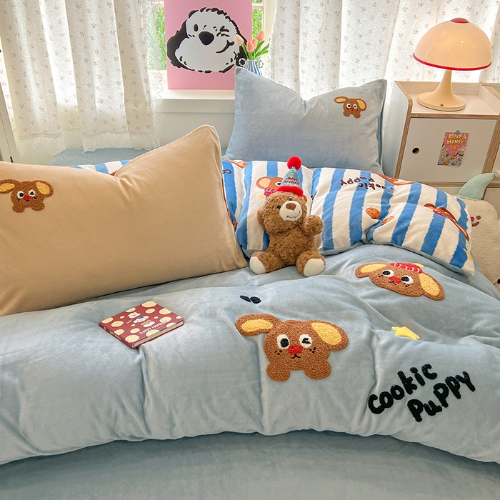 91家纺网 家纺一手货源 找家纺 眠博士 2025新款牛奶绒毛巾绣四件套 牛奶绒毛巾绣-汪汪