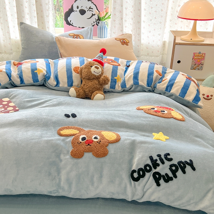 91家纺网 家纺一手货源 找家纺 眠博士 2025新款牛奶绒毛巾绣四件套 牛奶绒毛巾绣-汪汪