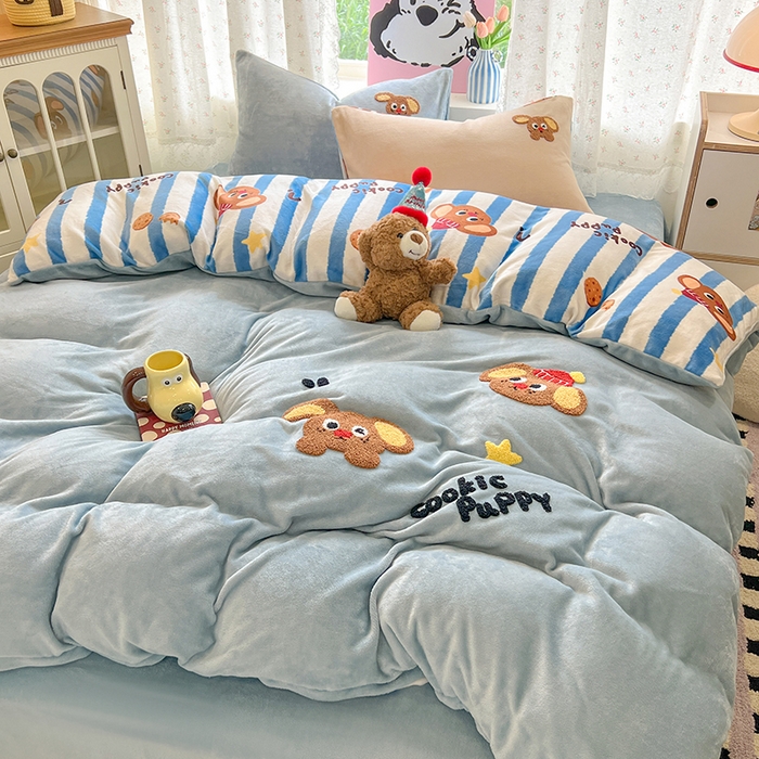 91家纺网 家纺一手货源 找家纺 眠博士 2025新款牛奶绒毛巾绣四件套 牛奶绒毛巾绣-汪汪