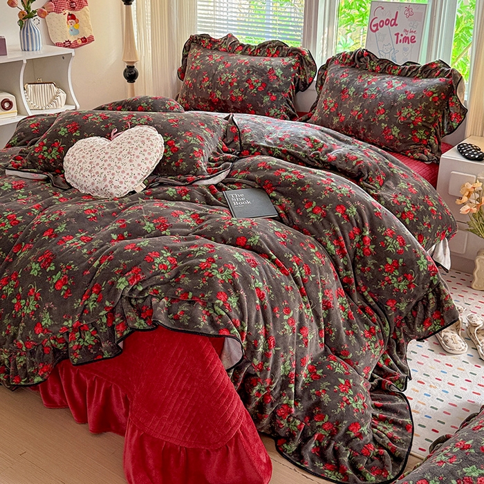 91家纺网 家纺一手货源 找家纺 （总）梦莱斯 2025新款加厚保暖双面牛奶绒四件套-黑色花边款