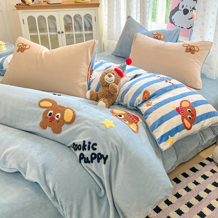 91家纺网 家纺一手货源 找家纺 眠博士 2025新款牛奶绒毛巾绣四件套 牛奶绒毛巾绣-汪汪