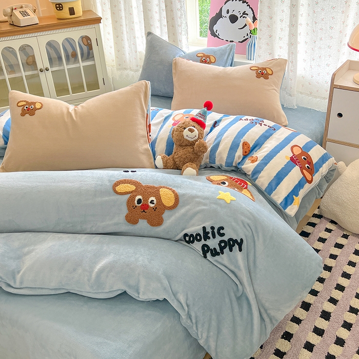 91家纺网 家纺一手货源 找家纺 眠博士 2025新款牛奶绒毛巾绣四件套 牛奶绒毛巾绣-汪汪