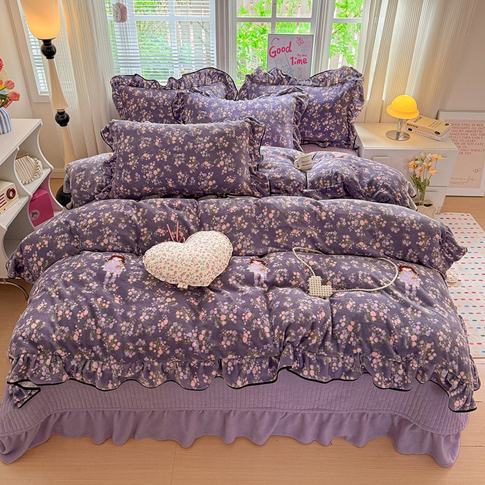 91家纺网 家纺一手货源 找家纺 （总）梦莱斯 2025新款加厚保暖双面牛奶绒四件套-黑色花边款