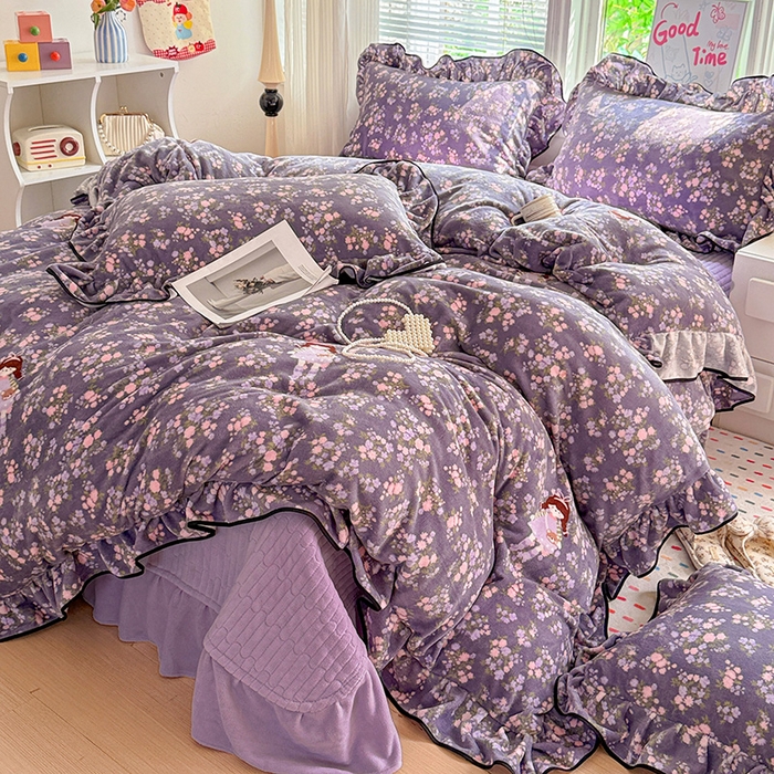 91家纺网 家纺一手货源 找家纺 （总）梦莱斯 2025新款加厚保暖双面牛奶绒四件套-黑色花边款