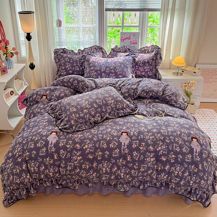 91家纺网 家纺一手货源 找家纺 （总）梦莱斯 2025新款加厚保暖双面牛奶绒四件套-黑色花边款