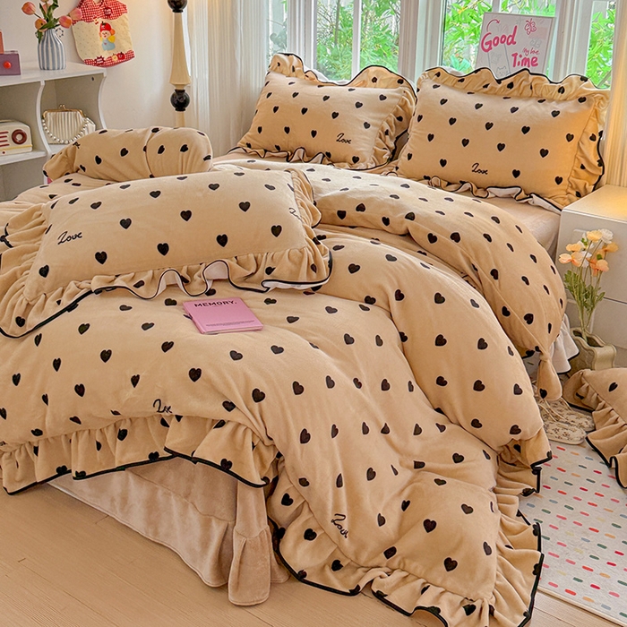 梦莱斯 2025新款加厚保暖双面牛奶绒四件套-黑色花边款 爱心点点