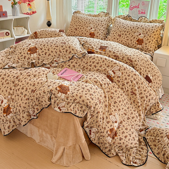 梦莱斯 2025新款加厚保暖双面牛奶绒四件套-黑色花边款 布偶兔兔