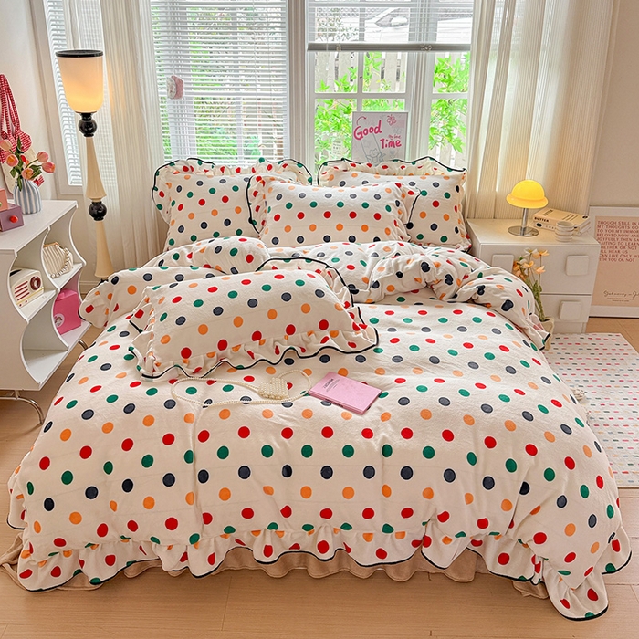 91家纺网 家纺一手货源 找家纺 梦莱斯 2025新款加厚保暖双面牛奶绒四件套-黑色花边款 彩虹波点