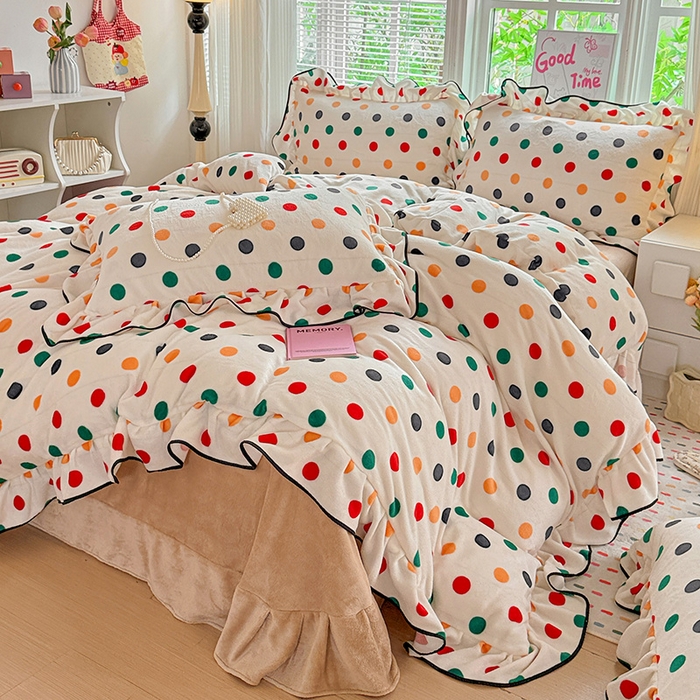 梦莱斯 2025新款加厚保暖双面牛奶绒四件套-黑色花边款 彩虹波点