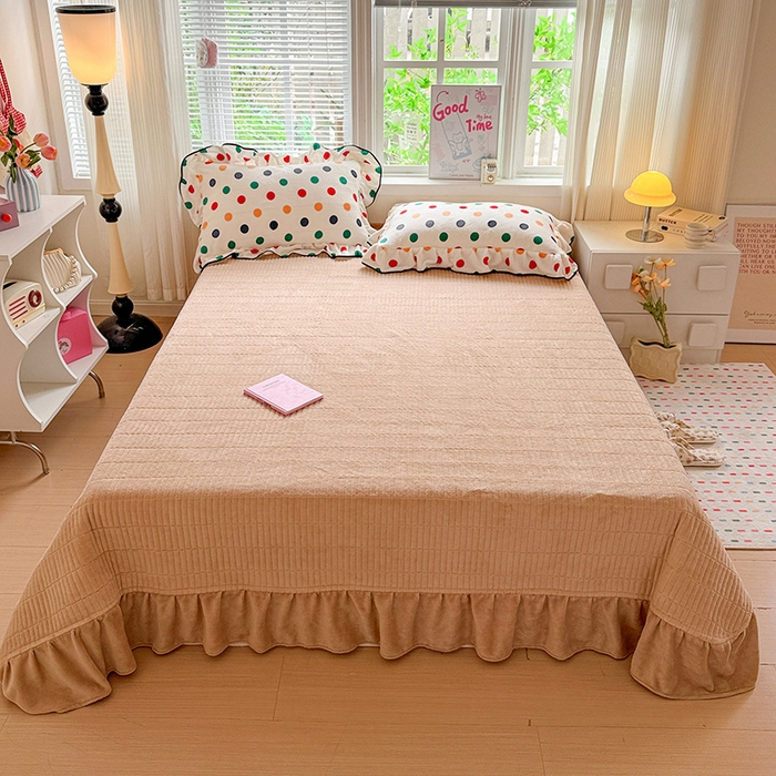 91家纺网 家纺一手货源 找家纺 梦莱斯 2025新款加厚保暖双面牛奶绒四件套-黑色花边款 彩虹波点