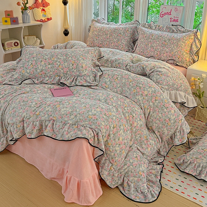 梦莱斯 2025新款加厚保暖双面牛奶绒四件套-黑色花边款 春不晚