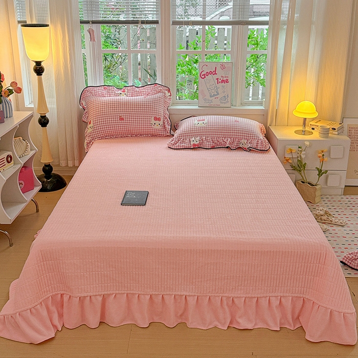 91家纺网 家纺一手货源 找家纺 梦莱斯 2025新款加厚保暖双面牛奶绒四件套-黑色花边款 粉色猫