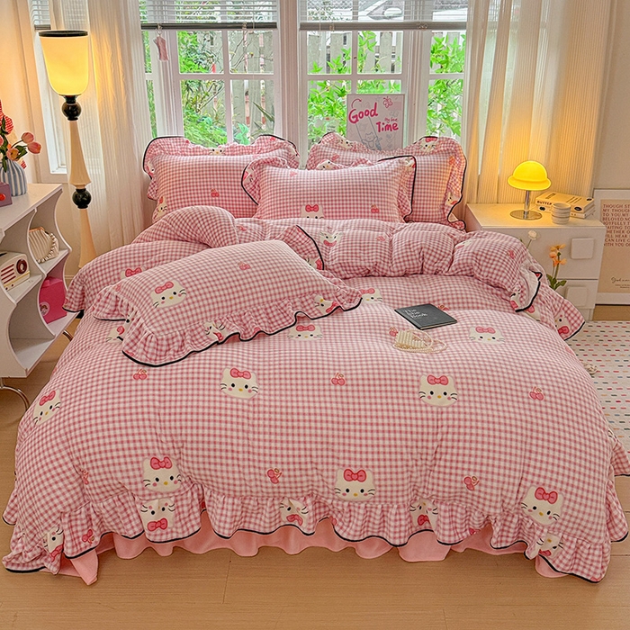 91家纺网 家纺一手货源 找家纺 梦莱斯 2025新款加厚保暖双面牛奶绒四件套-黑色花边款 粉色猫