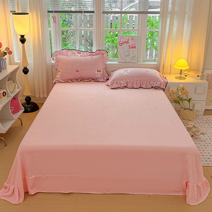 91家纺网 家纺一手货源 找家纺 梦莱斯 2025新款加厚保暖双面牛奶绒四件套-黑色花边款 粉色猫