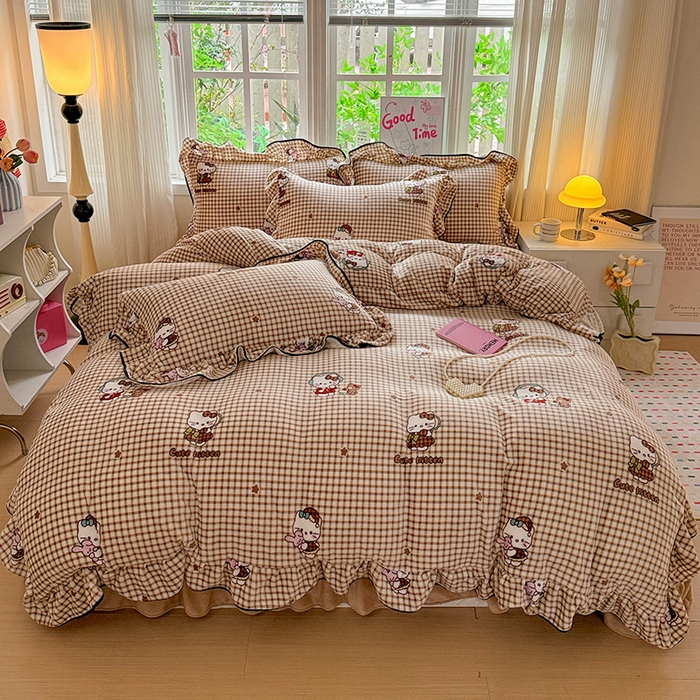 91家纺网 家纺一手货源 找家纺 梦莱斯 2025新款加厚保暖双面牛奶绒四件套-黑色花边款 格子猫