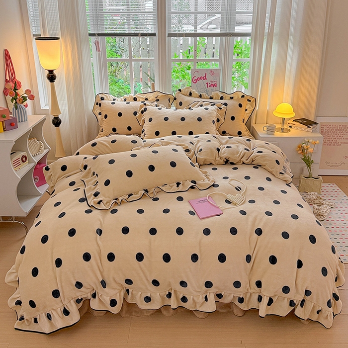 91家纺网 家纺一手货源 找家纺 梦莱斯 2025新款加厚保暖双面牛奶绒四件套-黑色花边款 黑糖珍珠