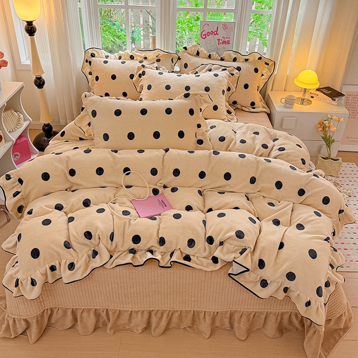 91家纺网 家纺一手货源 找家纺 梦莱斯 2025新款加厚保暖双面牛奶绒四件套-黑色花边款 黑糖珍珠