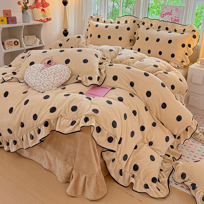 梦莱斯 2025新款加厚保暖双面牛奶绒四件套-黑色花边款 黑糖珍珠