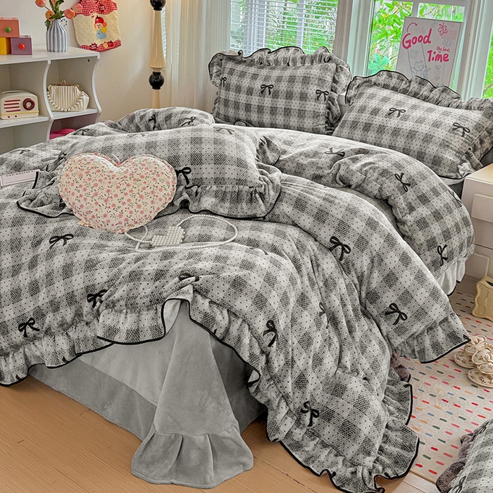 梦莱斯 2025新款加厚保暖双面牛奶绒四件套-黑色花边款 蝴蝶结