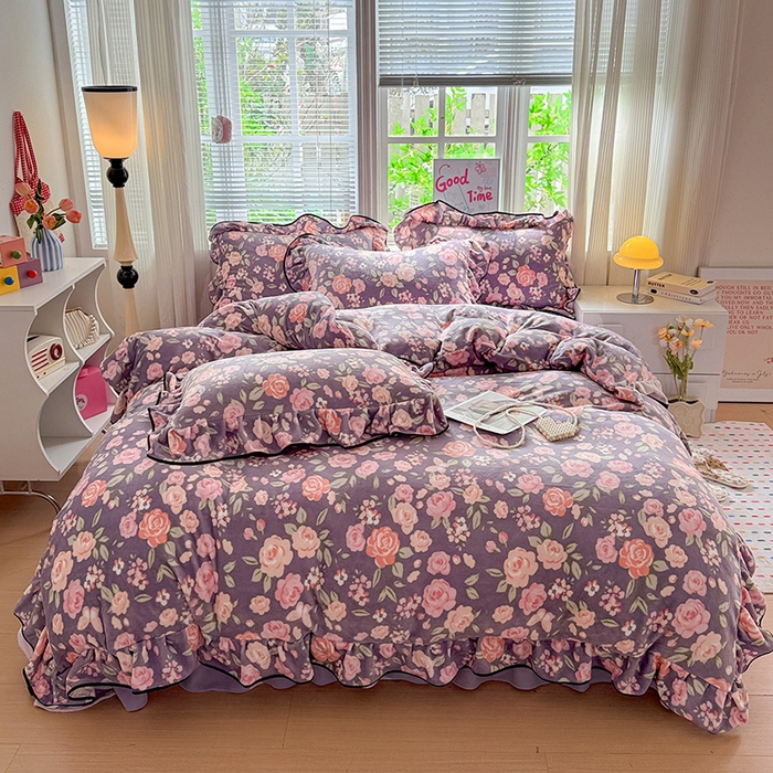 91家纺网 家纺一手货源 找家纺 梦莱斯 2025新款加厚保暖双面牛奶绒四件套-黑色花边款 花里梦