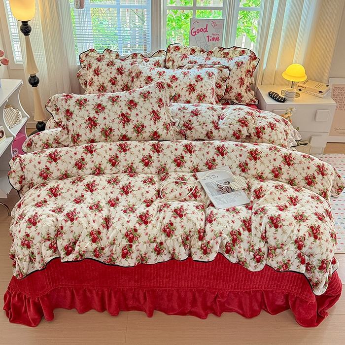 91家纺网 家纺一手货源 找家纺 梦莱斯 2025新款加厚保暖双面牛奶绒四件套-黑色花边款 玫瑰之约 - 白