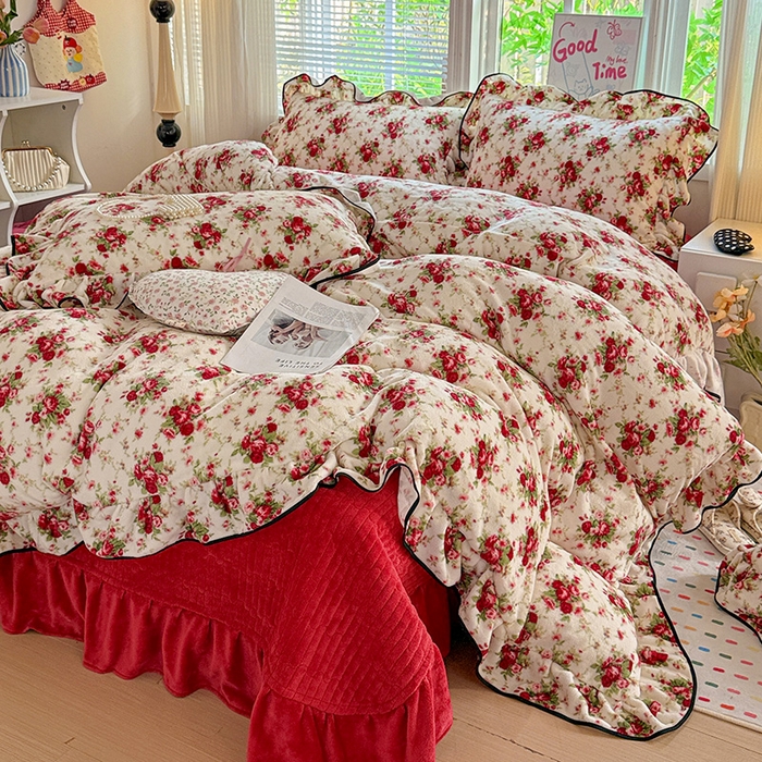 梦莱斯 2025新款加厚保暖双面牛奶绒四件套-黑色花边款 玫瑰之约 - 白