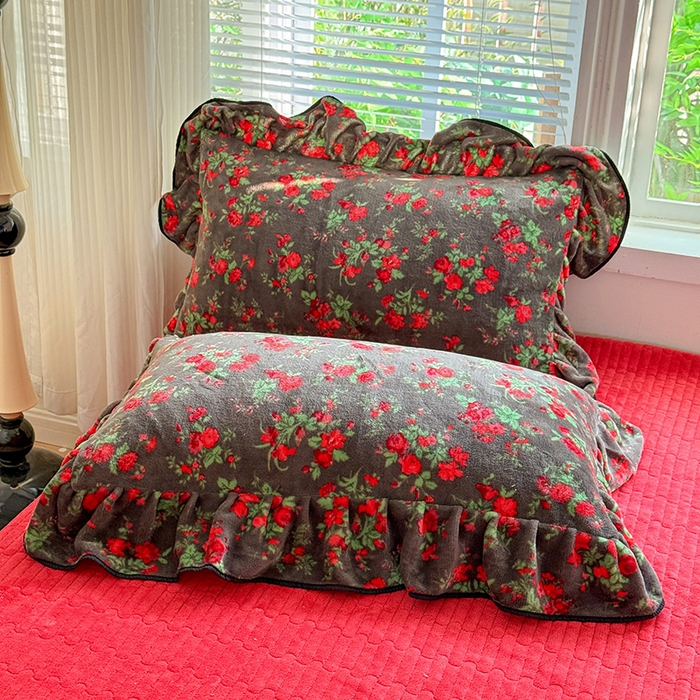 91家纺网 家纺一手货源 找家纺 梦莱斯 2025新款加厚保暖双面牛奶绒四件套-黑色花边款 玫瑰之约 - 黑