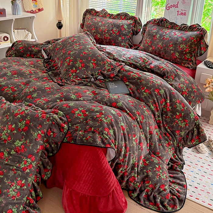 91家纺网 家纺一手货源 找家纺 梦莱斯 2025新款加厚保暖双面牛奶绒四件套-黑色花边款 玫瑰之约 - 黑